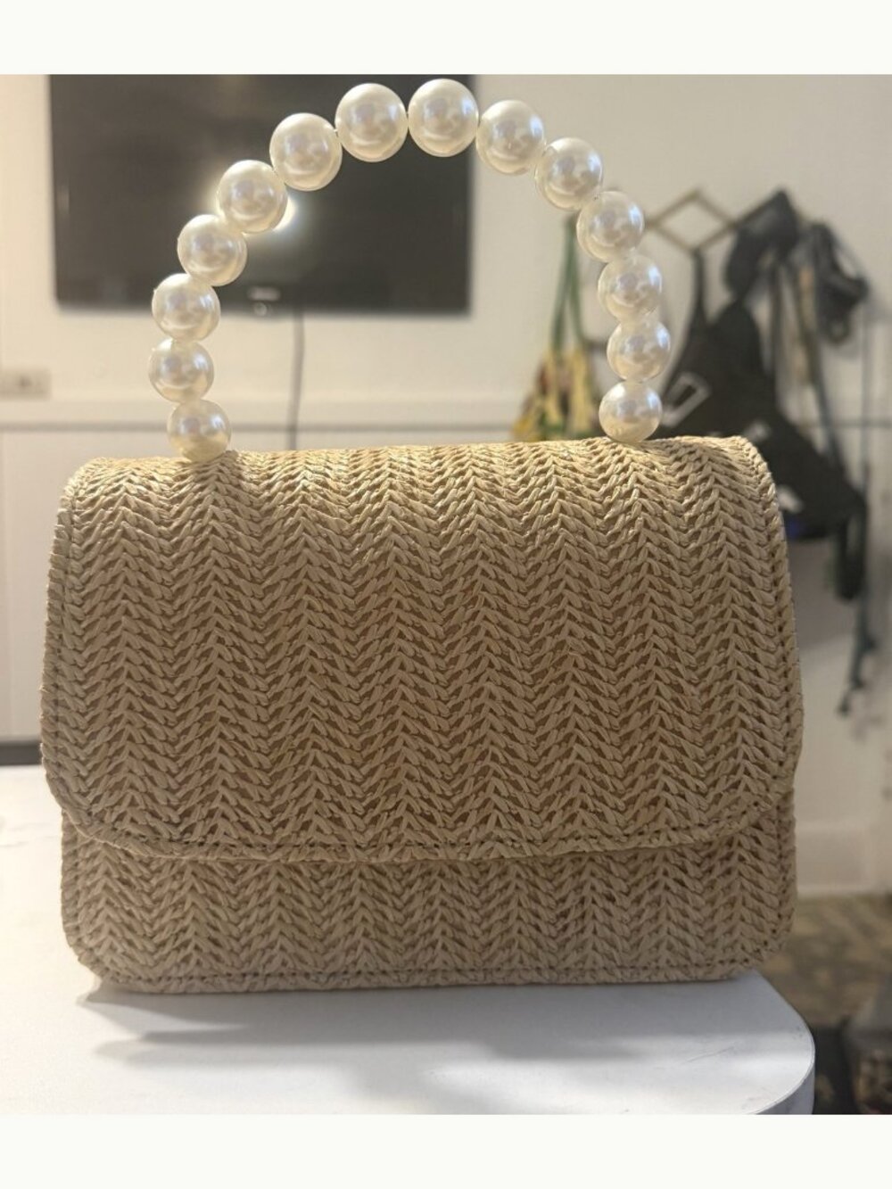 Melie Bianco Natural Woven Pearl Handle Crossbody Bag